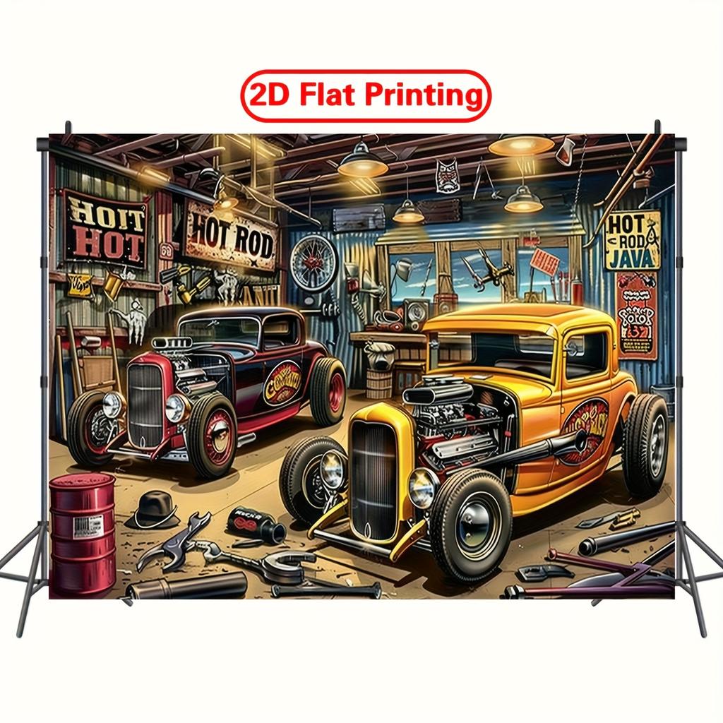 1 vintage hot car garage party banner - durable polyester background featuring classic cars tools and the "Hot Car" logo
