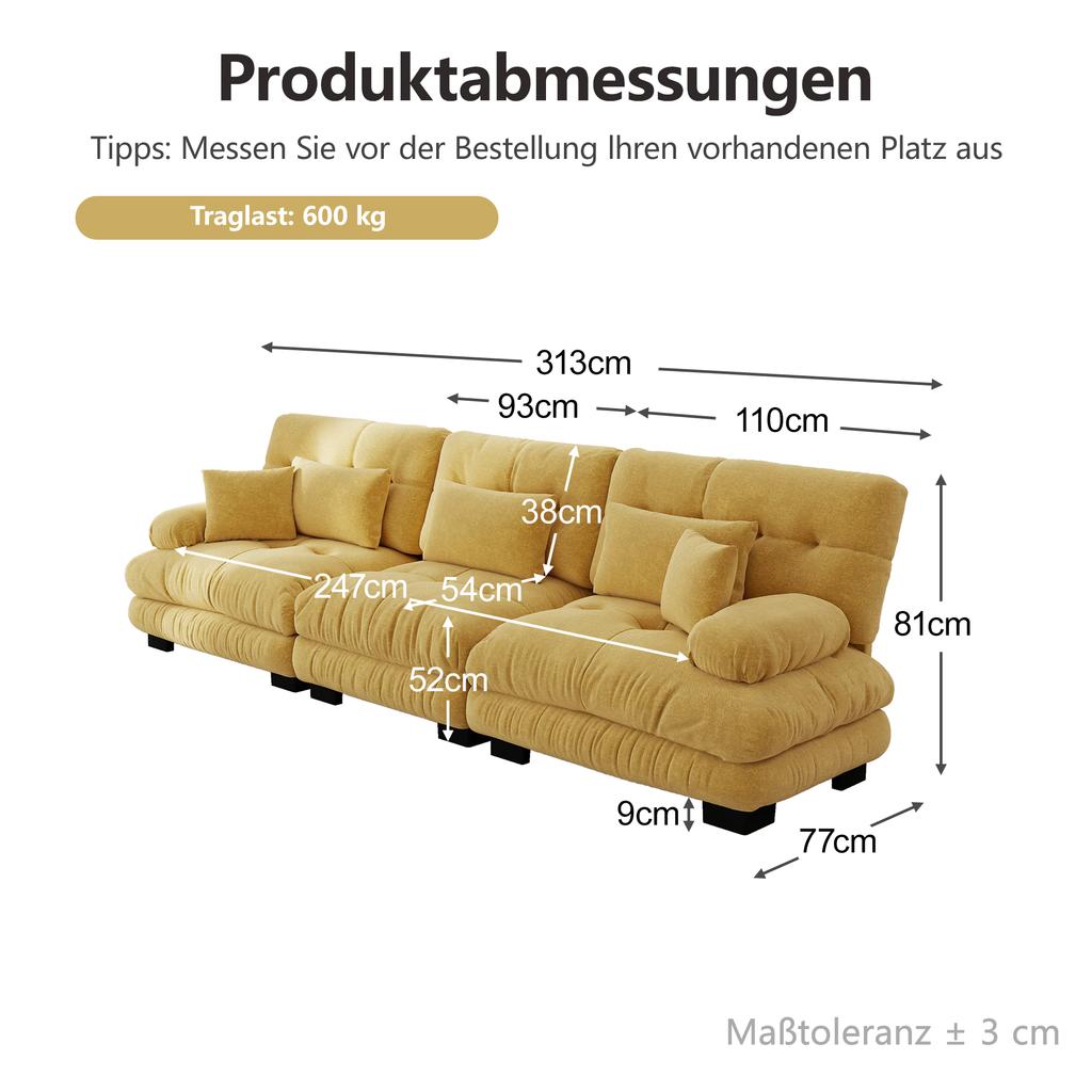 3-Seater Modular Corner Sofa with Deep Seat, Chenille Sofa Bed Comfortably Upholstered for Living Room, Apartment, Studio, Office, Yellow