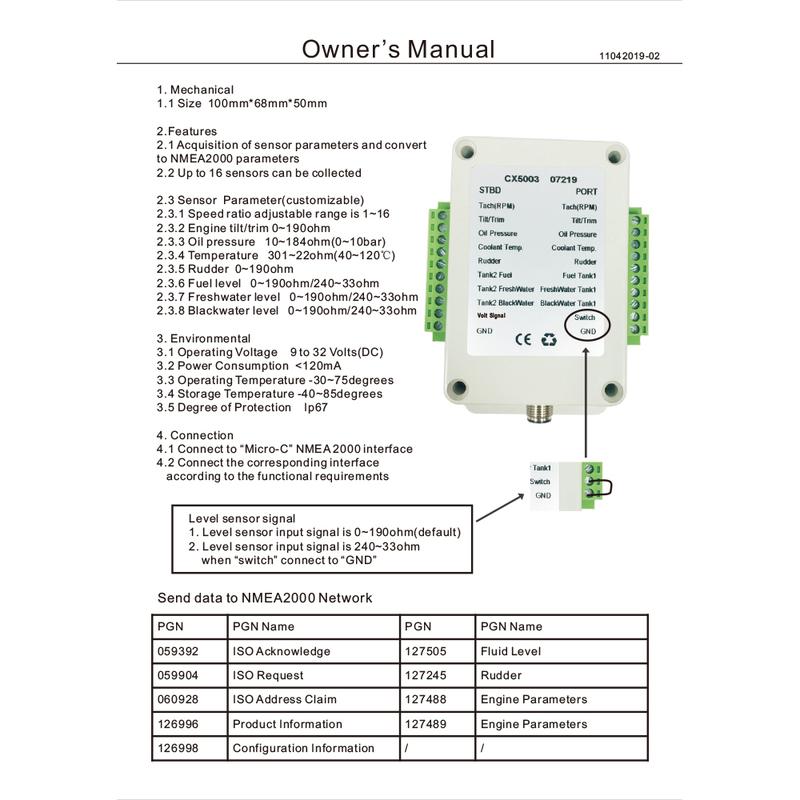 CX5003 Dual Channel NMEA2000 Converter /N2K Converter 0-190 ohm collecte Water temperature Fuel level sensor Up to 18 sensors