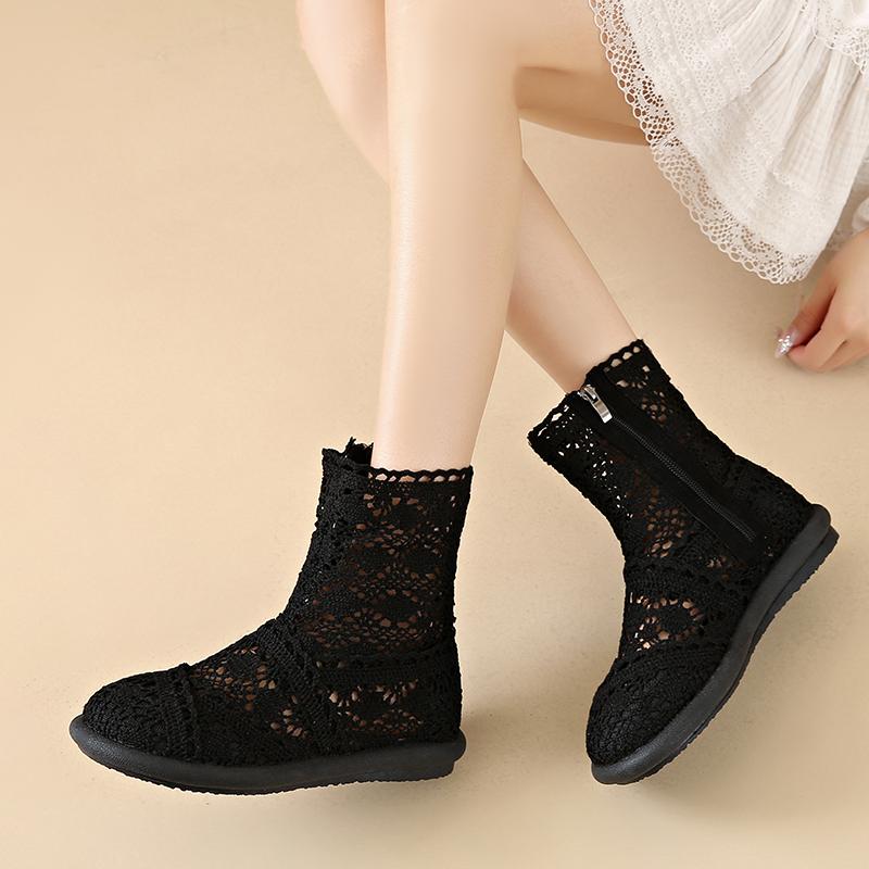 2025 Женские ботинки с вырезами, сетчатая дышащая обувь, летние женские ботильоны, вязаные, на плоской подошве, на молнии, с круглым носком, однотонная обувь