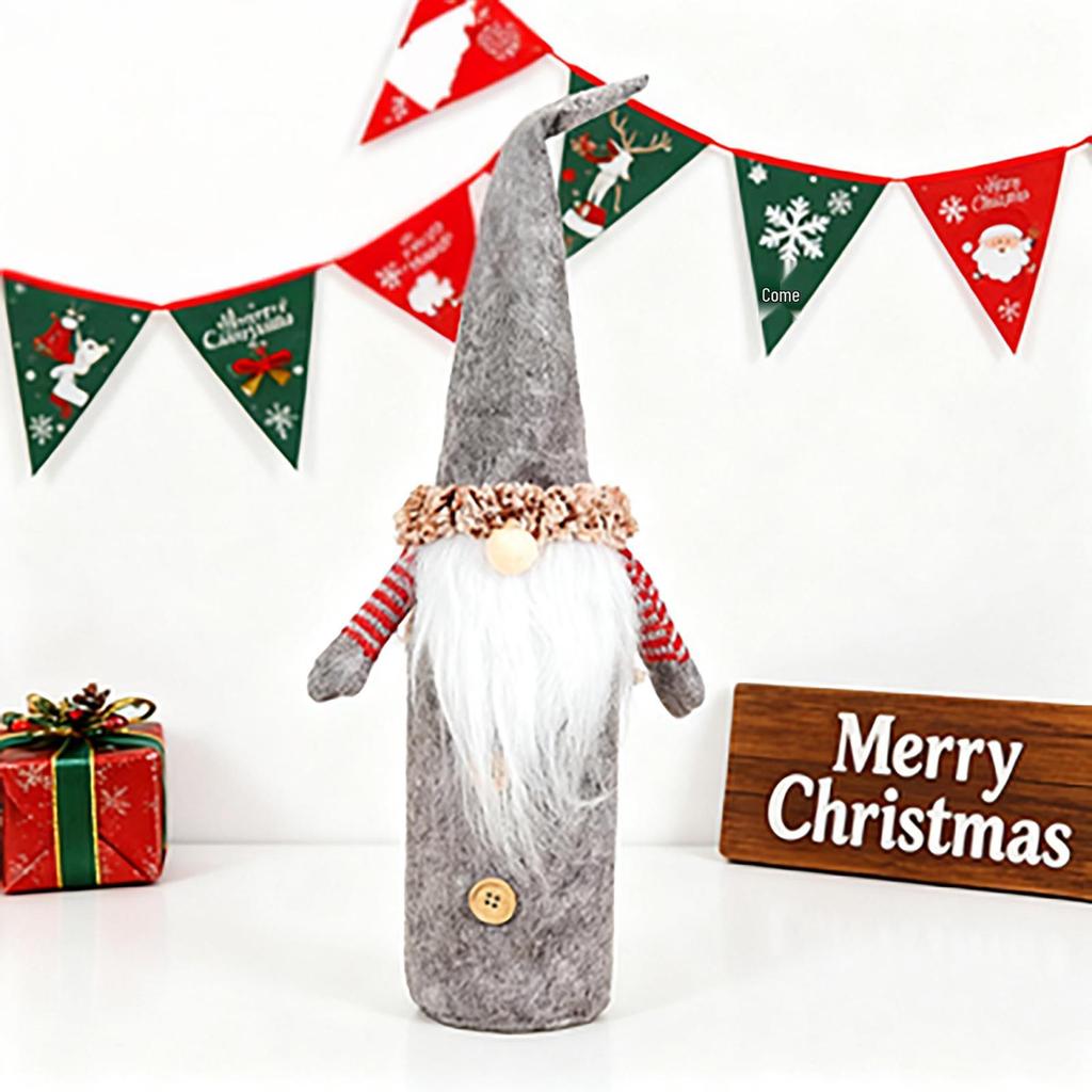 Mingguan Christmas Faceless Old Man Wine Bottle Cover Set - Non-Woven Fabric, European and American Style, 2-Piece Decoration Cover