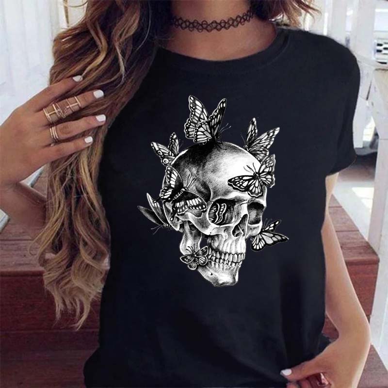 Maycaur Fashion Skull Flower Print Женская футболка Летняя повседневная женская футболка с коротким рукавом и круглым вырезом в стиле 90-х годов, женская футболка, топы
