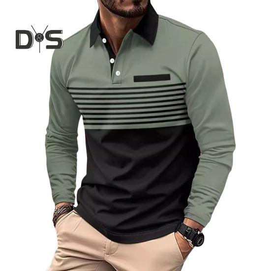 Мужская рубашка весна-осень с отложным воротником на пуговицах, контрастный полосатый принт, длинные рукава, свитер средней длины, повседневный деловой топ