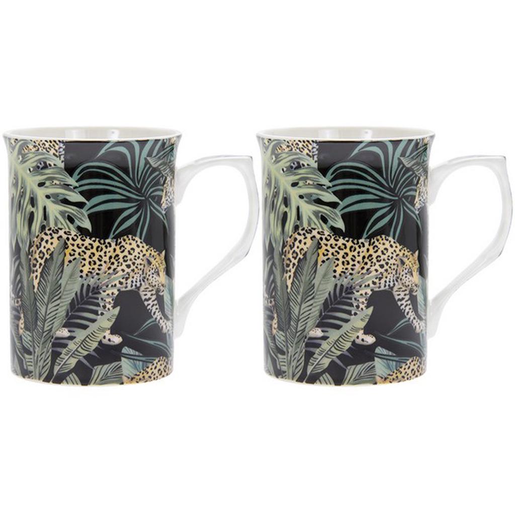 Les Trésors De Lily [R0475] - Box of 2 Porcelain Mugs 'Jungle Fever' Green Black - 10x7. 5 Cm (leopard)