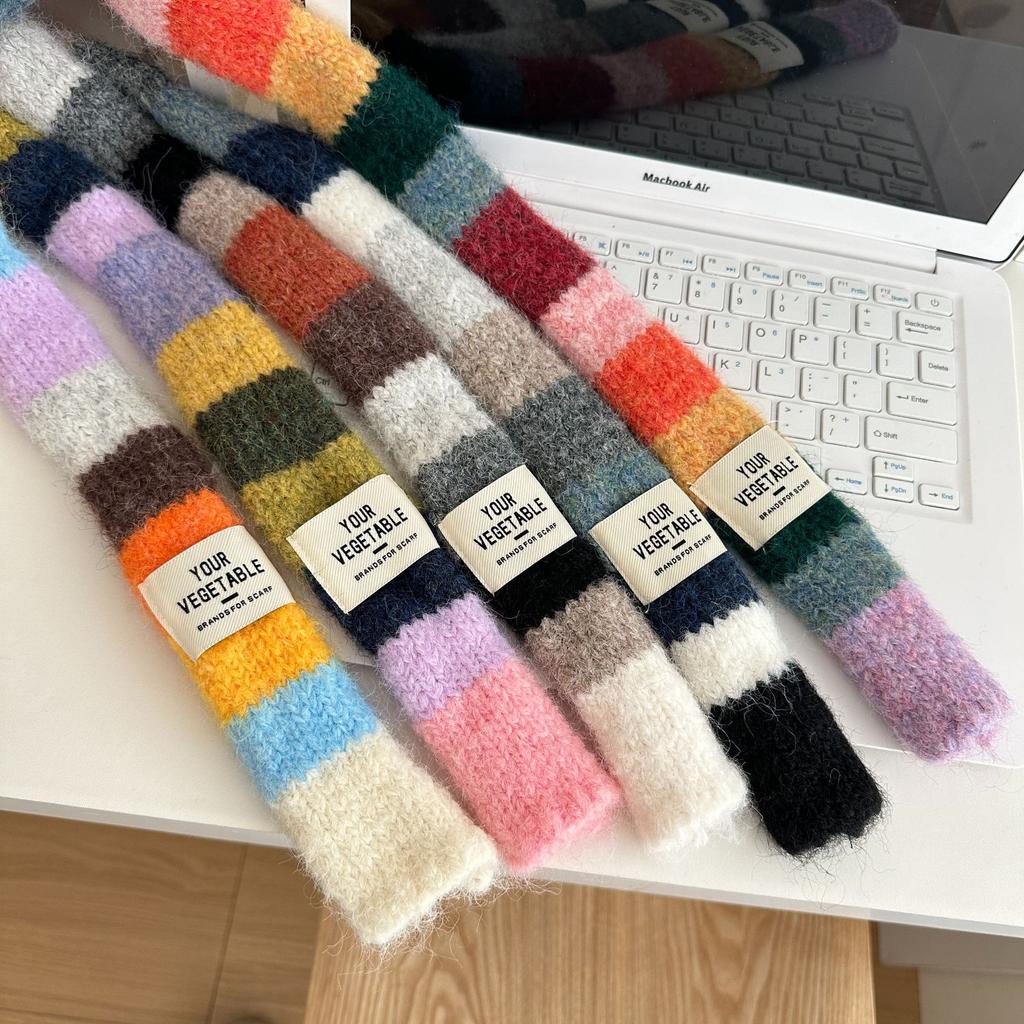 Korean Y2K Striped Scarf Knitted Wool with Colorful Splicing Contrast Long Narrow Scarves Sausage Thin Scarf Winter Scarves Wrap
