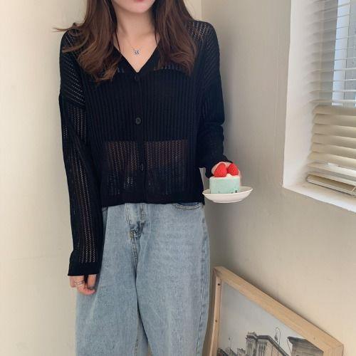 Thin Knit Sunscreen Cardigan Jacket for Women's Spring and Summer V-neck Hollowed Out Long Sleeved Air-conditioned Shirt