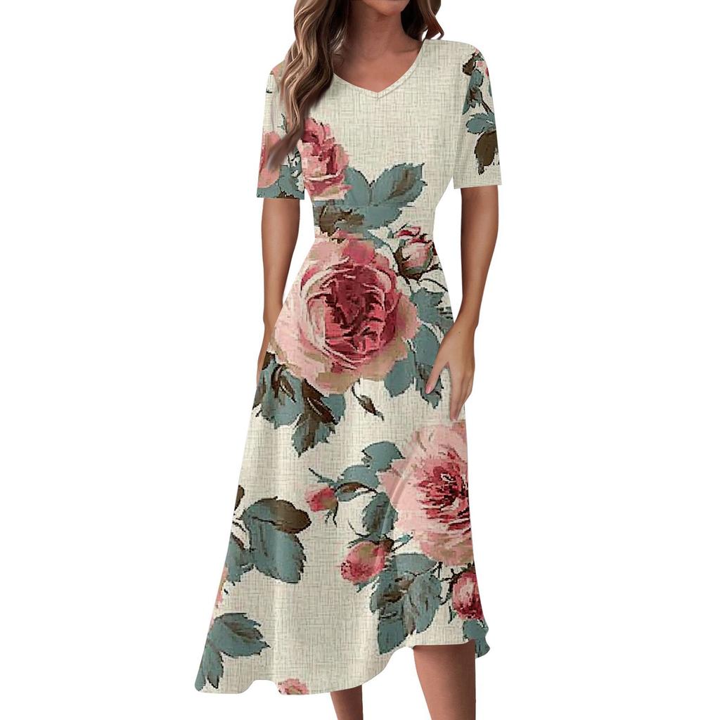 Женская повседневная мода Цветочный (лист)  Платье-халат с принтом, V-образным вырезом, короткими рукавами и длинной юбкой-халат