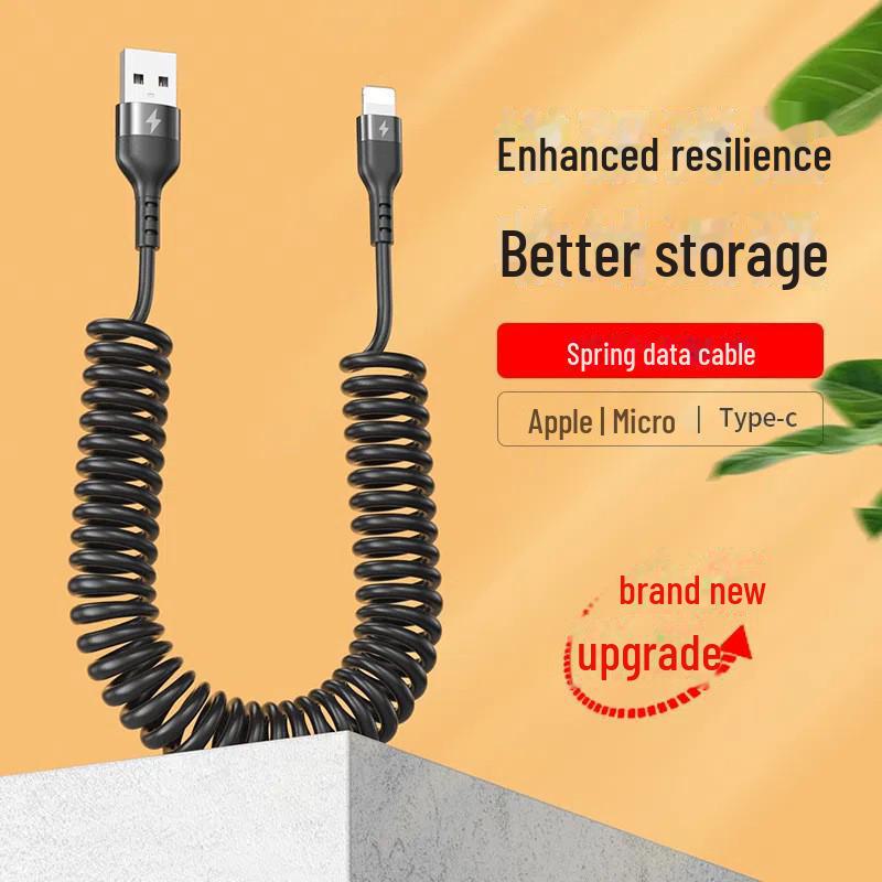 Spring-loaded 5A Fast Charging Cable for Apple & Android - Tangle-Free USB for Car Storage