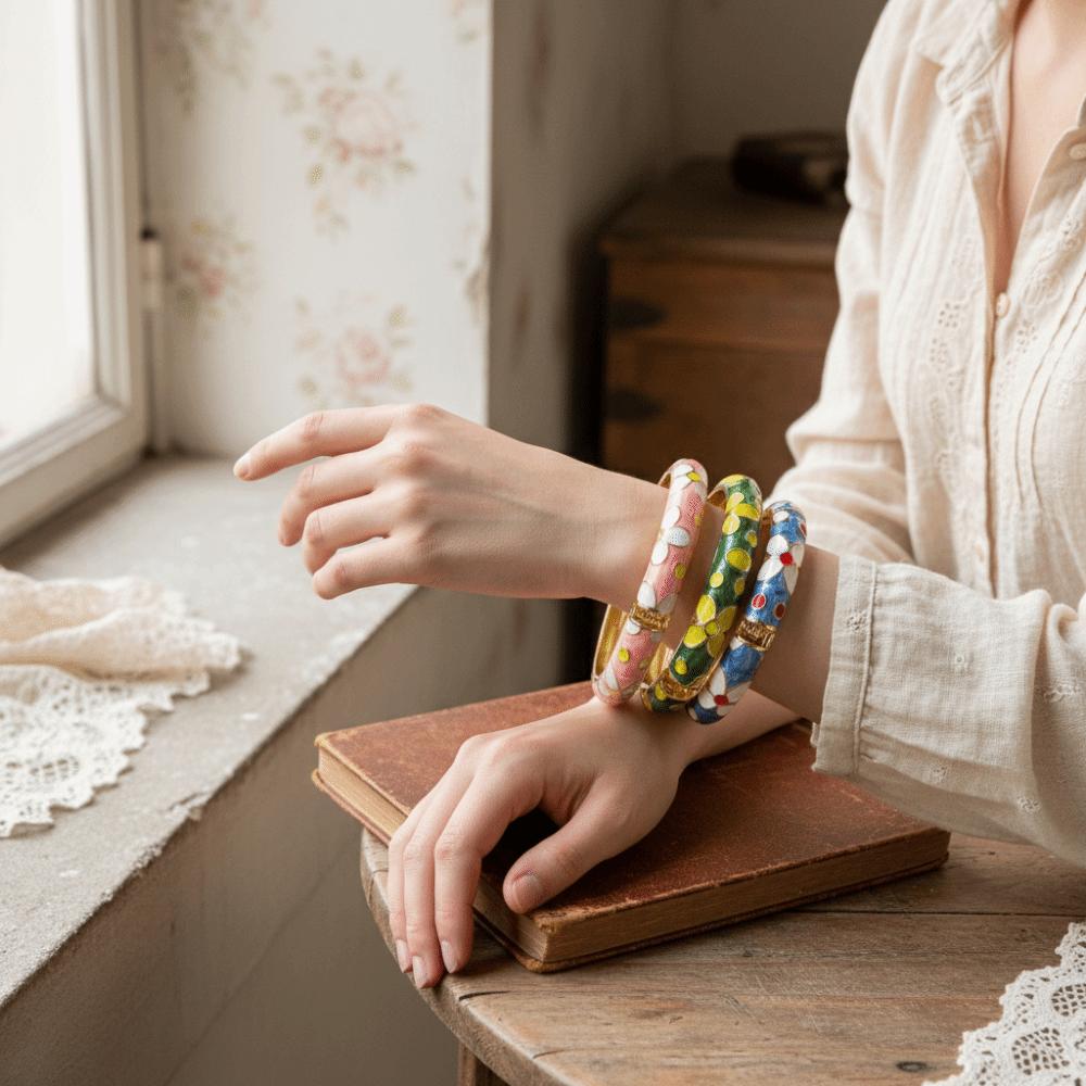 Chinese Style Enamel Flower Bangle Colorful Women's Hand Bracelet Vintage Cloisonne Bangle  Girls