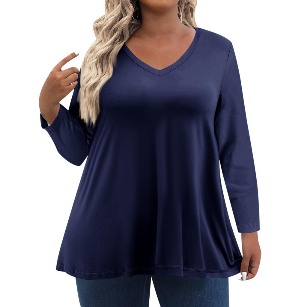 Womens Plus Size Tops Long Sleeve Shirts V Neck Casual Clothing Clothes Solid Color Tops