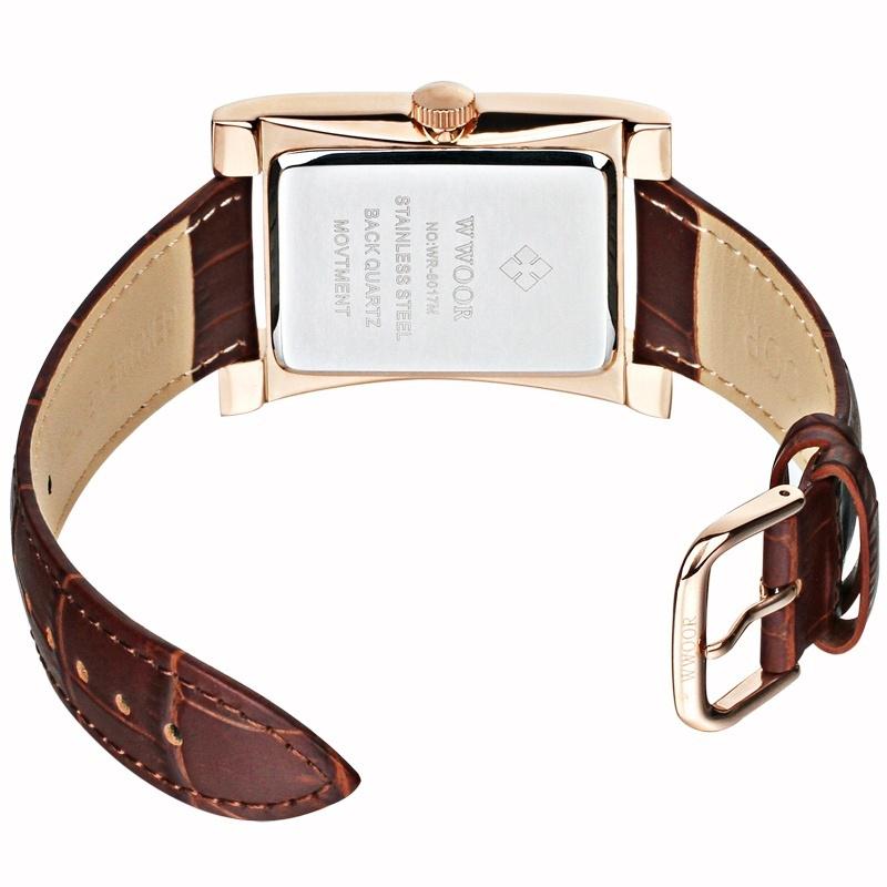 WWOOR Classic Fashion Mens Rectangle Watches Male Gold Brown Leather Quartz Waterproof Wrist Watch