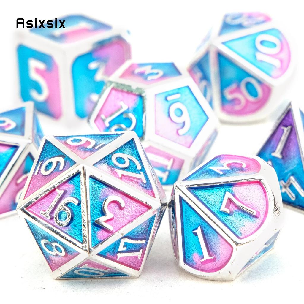 7 шт., синие, розовые, стандартные металлические кубики, набор твердых металлических многогранных кубиков, подходящий для ролевой ролевой игры, настольной игры, карточной игры