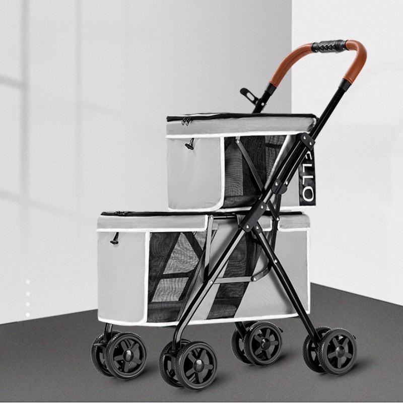 Double Pet Stroller for Small/Medium Dogs/Cats with Double Layer Cabin One-Hand Folding Dog Travel Carriage Pet Stroller