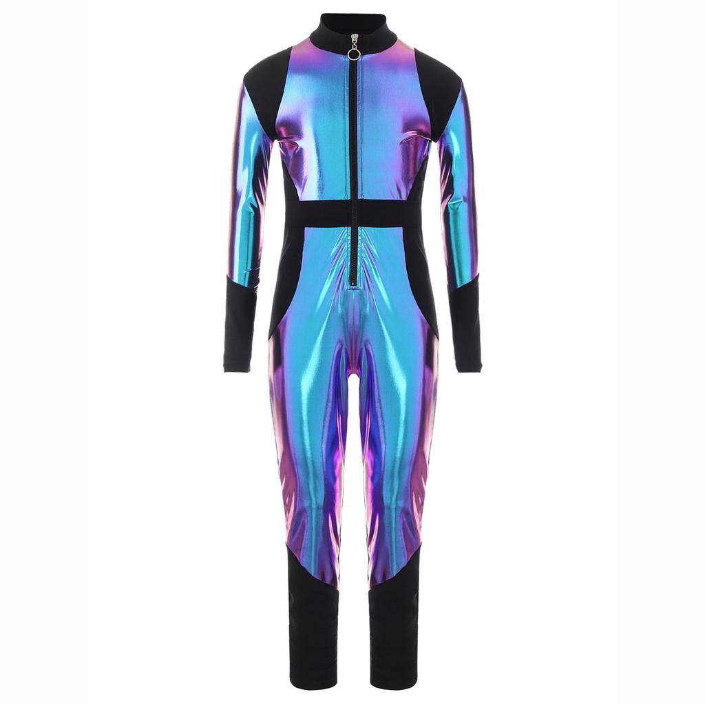 Детский костюм инопланетянина Комбинезон с длинным рукавом Высокая талия Блестящий металлический дизайн на молнии Хэллоуин Косплей Боди