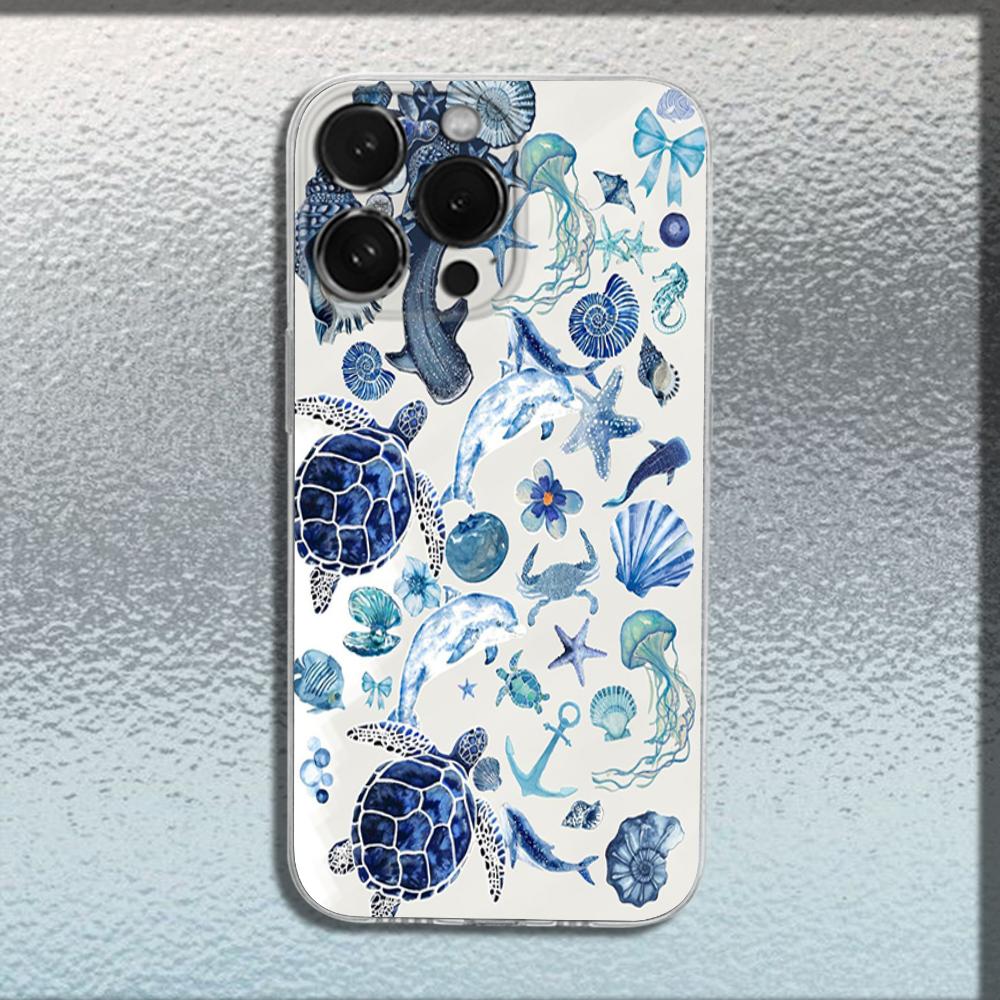Чехол для телефона с рисунком морской жизни и морской черепахи Для iPhone 16,15,14,13,12,11 Plus,Pro,Max,XR,XS,X,Plus,SE,Mini Прозрачный мягкий чехол