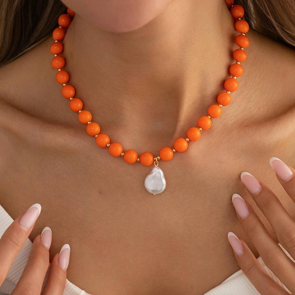 SHIXIN Y2K Bohemian Round Acrylic Colorful Beaded Necklace Women Baroque Irregular Imitation Pearl Pendant Chain Jewelry Gifts