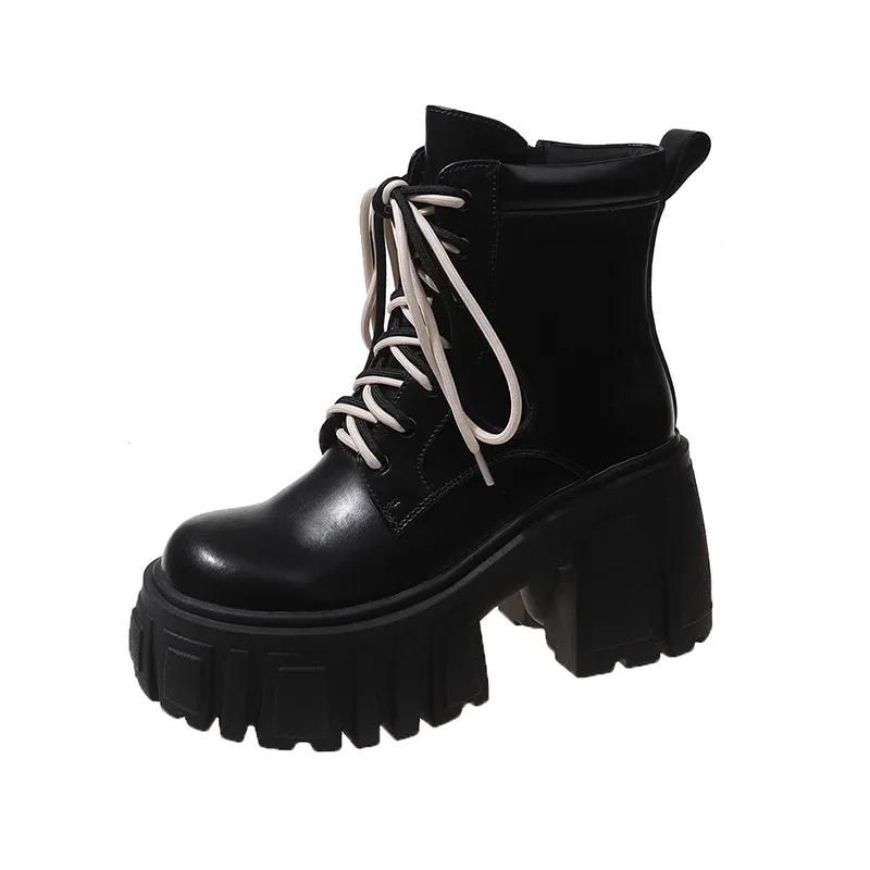 Модные осенние женские высокие ботильоны на платформе, зимние толстые подошвы, мотоциклетные ботинки, каблук 9,5 см, толстые металлические короткие кожаные кроссовки для женщин