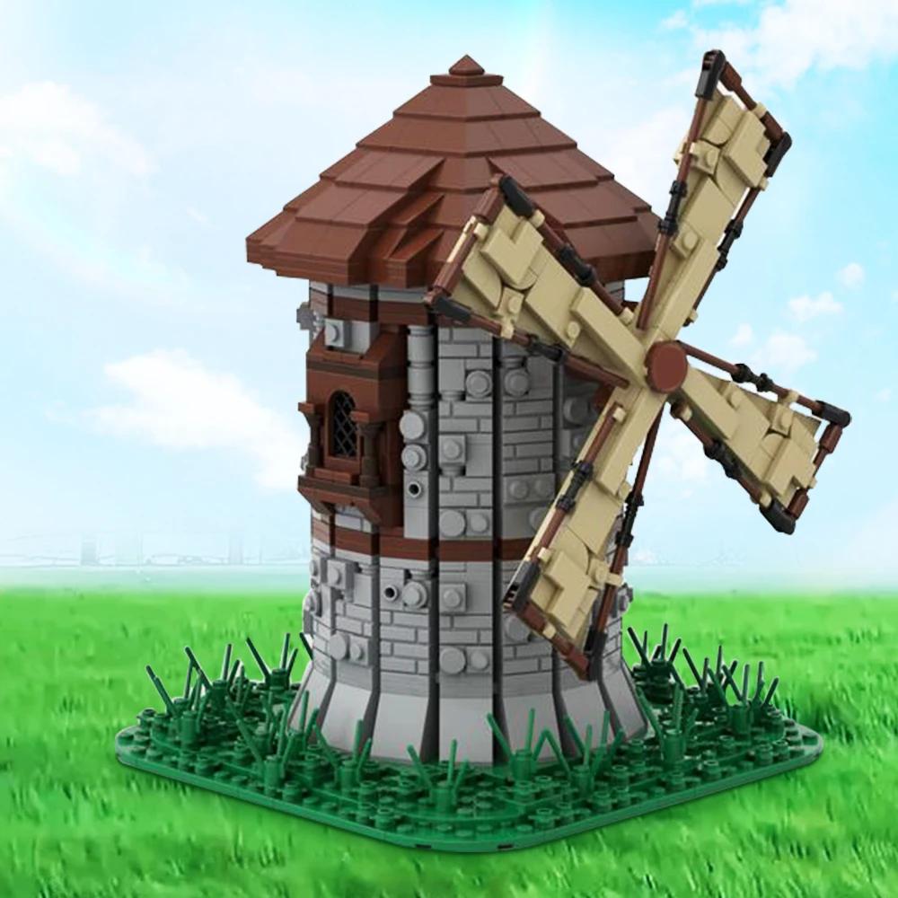 Gobricks MOC Средневековая ветряная мельница Кирпичи Городская ветряная мельница Город Ретро-дом Вид на улицу Набор строительных блоков Игрушки Для детей Подарки