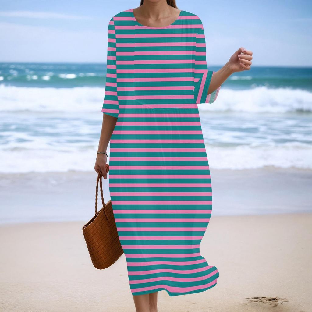 Женское модное платье свободного кроя с принтом, круглым вырезом и рукавом три четверти