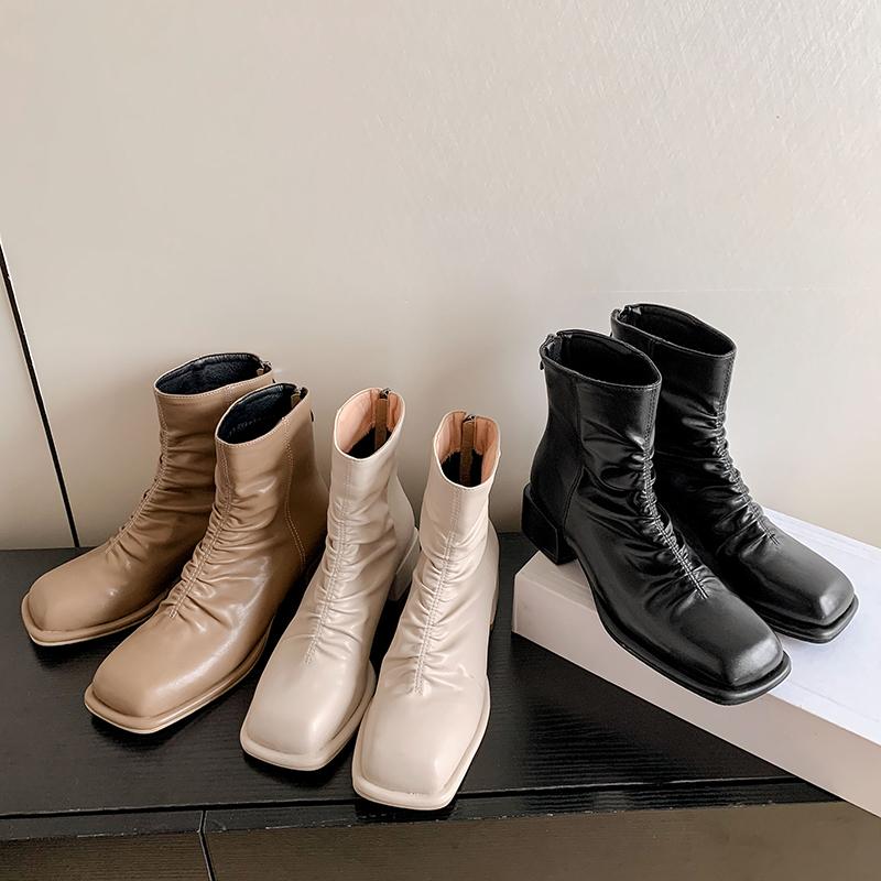 French Style Concise Pleated Ankle Boots Women Square Toe 4cm Block Middle Heels Back Zipper Casual Short Booties Female Shoes