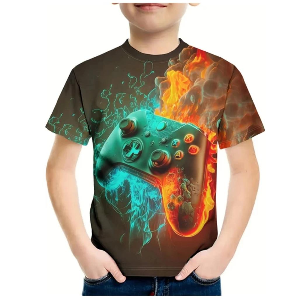 Kids Gamepad With Color Paint 3D Print Boy's T-shirt Crew Neck Short Sleeve T-shirt For Boy Casual Top For Summer Cool T Shirt