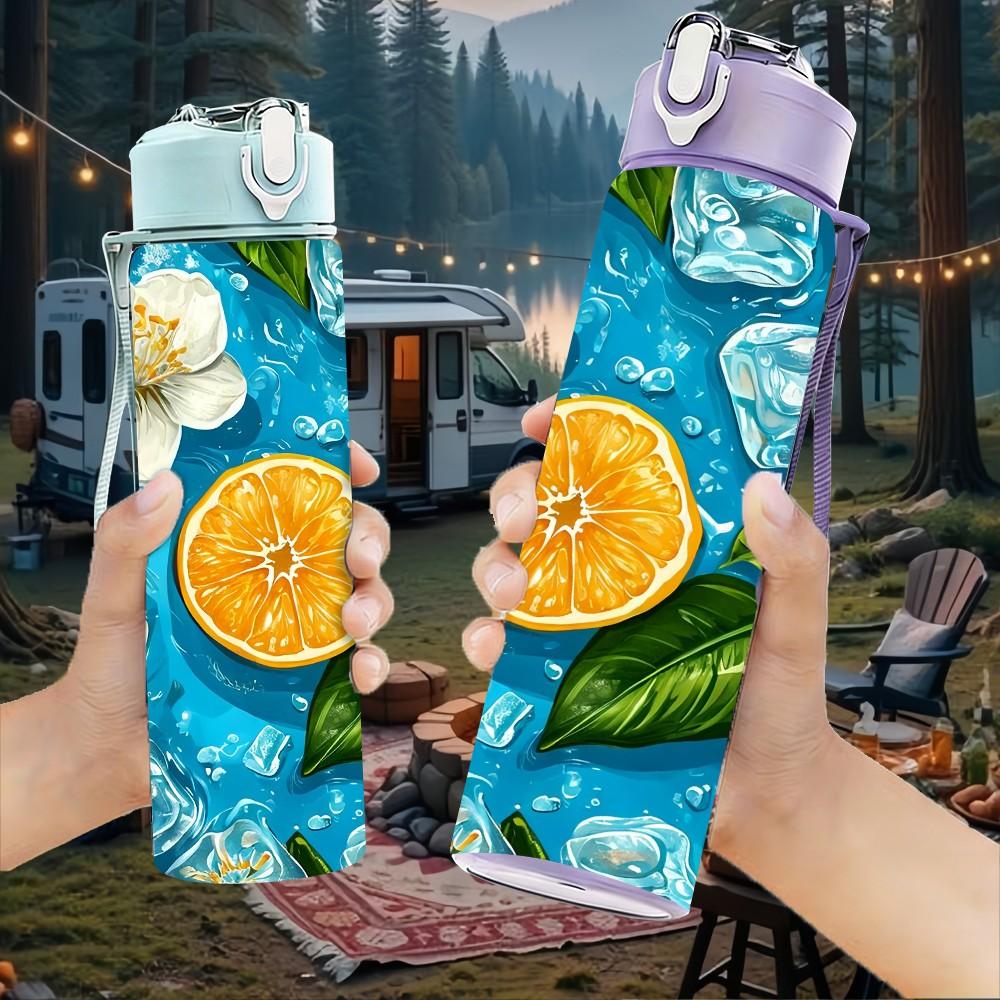 1PC Orange Citrus Fruit On Blue Water Print 750ml Color Plastic Sports Water Bottle Leakproof Flip Straw Lid Suitable for Sports Office Home Use