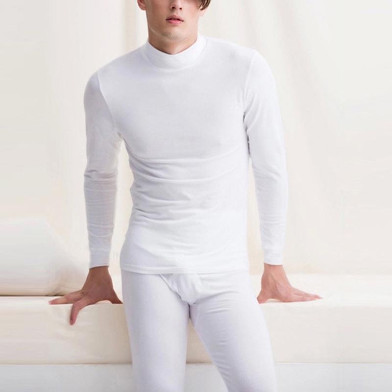 Men Sleeve Velvet Cotton-blend Underwear High Collar Thermal Underwear Set