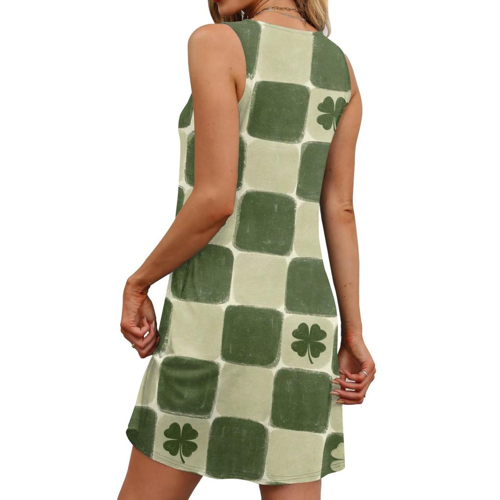Women's Casual St. Patrick's Day Printed U-Neck Vest Dress With Side Pockets
