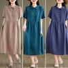 2024 Summer Japanese Style Cotton-Linen Polo Collar Midi Dress for Women