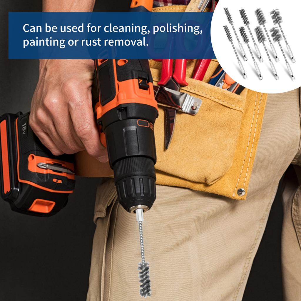 Набор из 8 щеток для чистки труб из нержавеющей стали, 3/8" шестигранный стержень, витая проволока, щеточный ершик для чистки отверстий, щеточный ершик с проволочной щетиной, отверстие