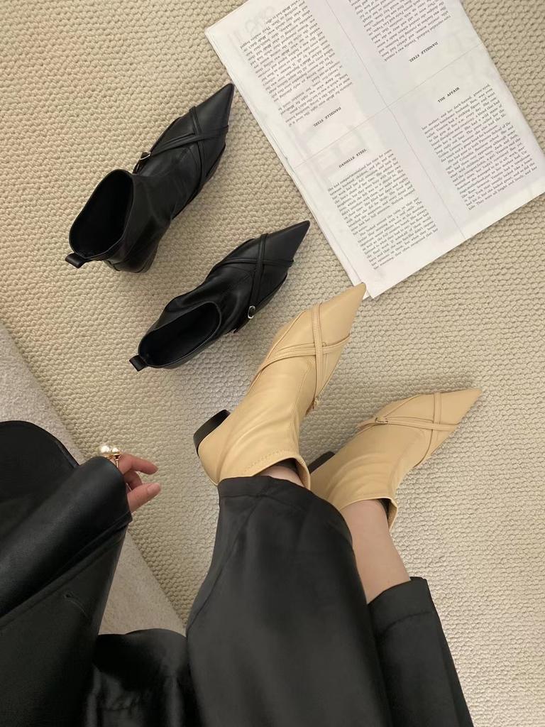 Модные женские ботильоны с острым носком, черные, бежевые, с узким ремешком, на плоской подошве, на среднем каблуке, туфли-лодочки для вечеринок, эластичные туфли для женщин, 2024, новые поступления, вечеринка