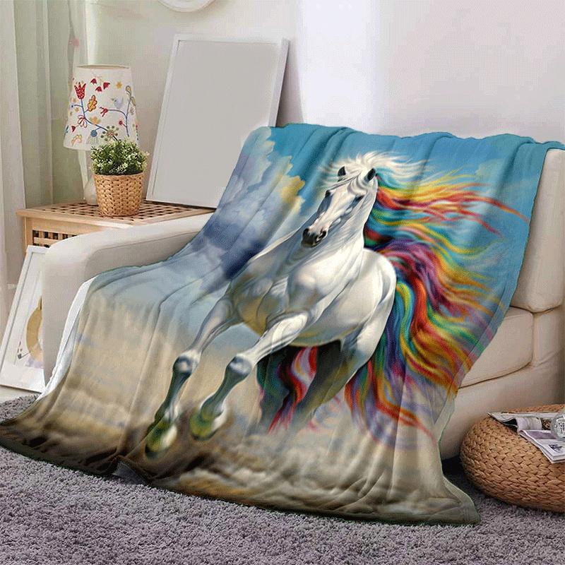 1pc White Horse Printing Lightweight Flannel Blanket, Comfortable and Warm Blanket, for Camping Sofa Bed and Couch Office, Gift