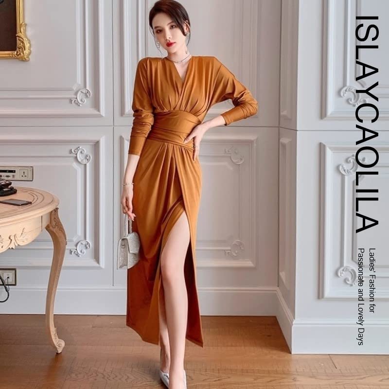 ISLAYCAOLILA DM8 Deep Maxi Dress with Long and a High Perfect for or Party Women's Amélie (Size Small, Green) - Flared, Long, Slit, Wrap-around