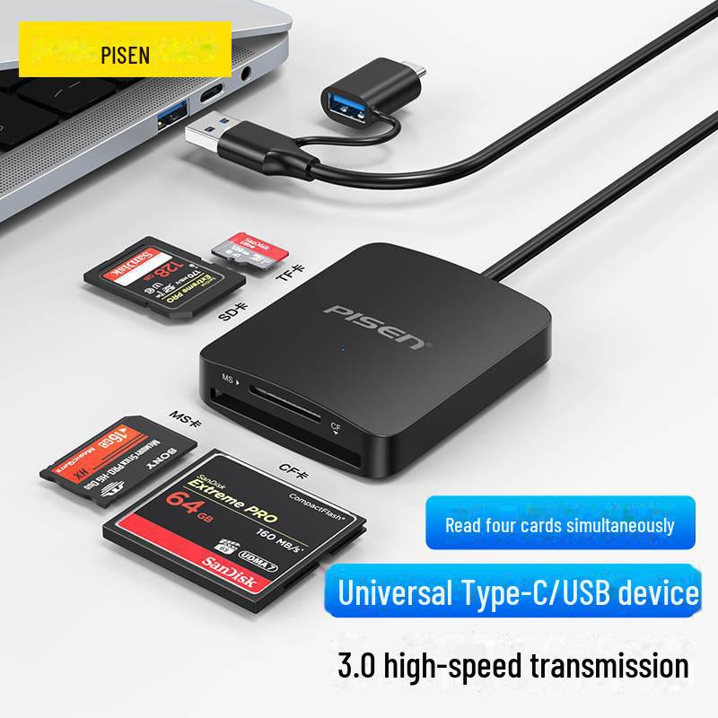 PISEN 4-in-1 USB 3.0 Card Reader for SD, TF, MS, CF - High Speed, Android Type-C Compatible