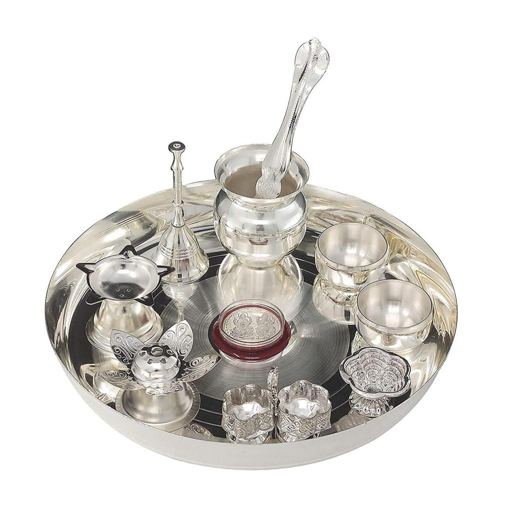 Silver Plated Pooja Thali Set with 8 Inch Plate Kalash Bowl Agarbatti Stand Palli Diya Kumkum Stand Coin Ghanti