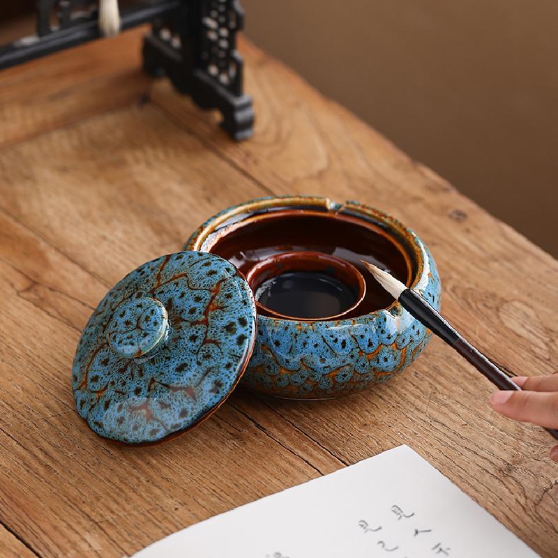 Round Ceramic Ashtray Kiln Ash Storage Box Desktop Decorative Ornaments Covered Ceramic Ashtray Modern Decorative Home Ashtray