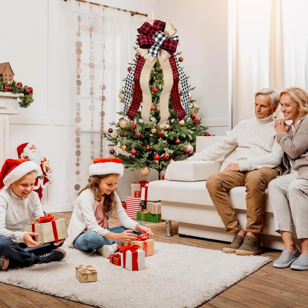 Christmas Tree Topper Large Plaid Burlaps Red And Black Gift Bow For Xmas Tree Handmade Holiday Party Decorations-13 X 29 Inch