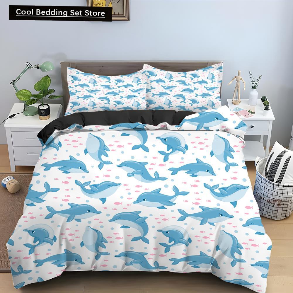 Bule Dolphin Whale King Queen Duvet Cover Underwater World Bedding Set Cartoon Sea Animal Comforter Cover Polyester Quilt Cover