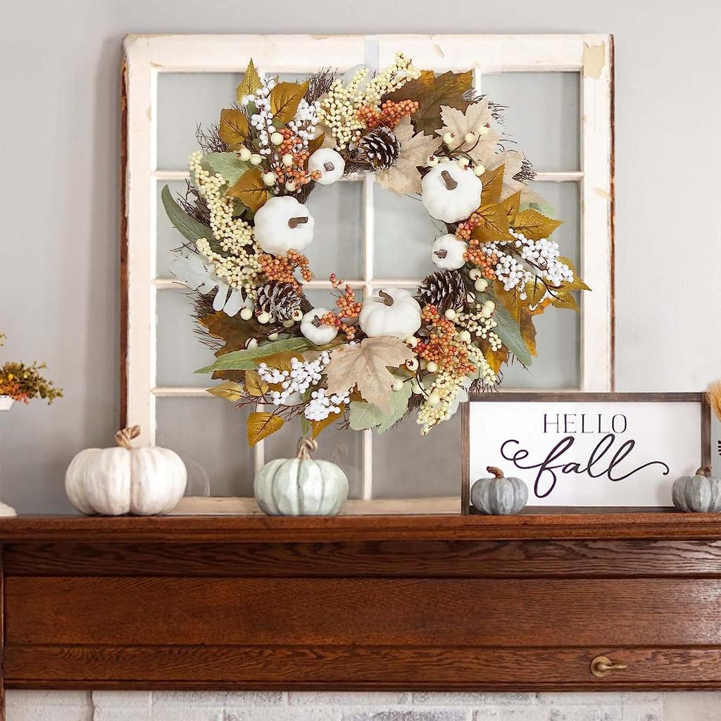 Autumn White Pumpkin Wreath Thanksgiving Decoration Maple Leaf Wreath For Front Door Hanging Indoor Outdoor Wall Home Decor 2025