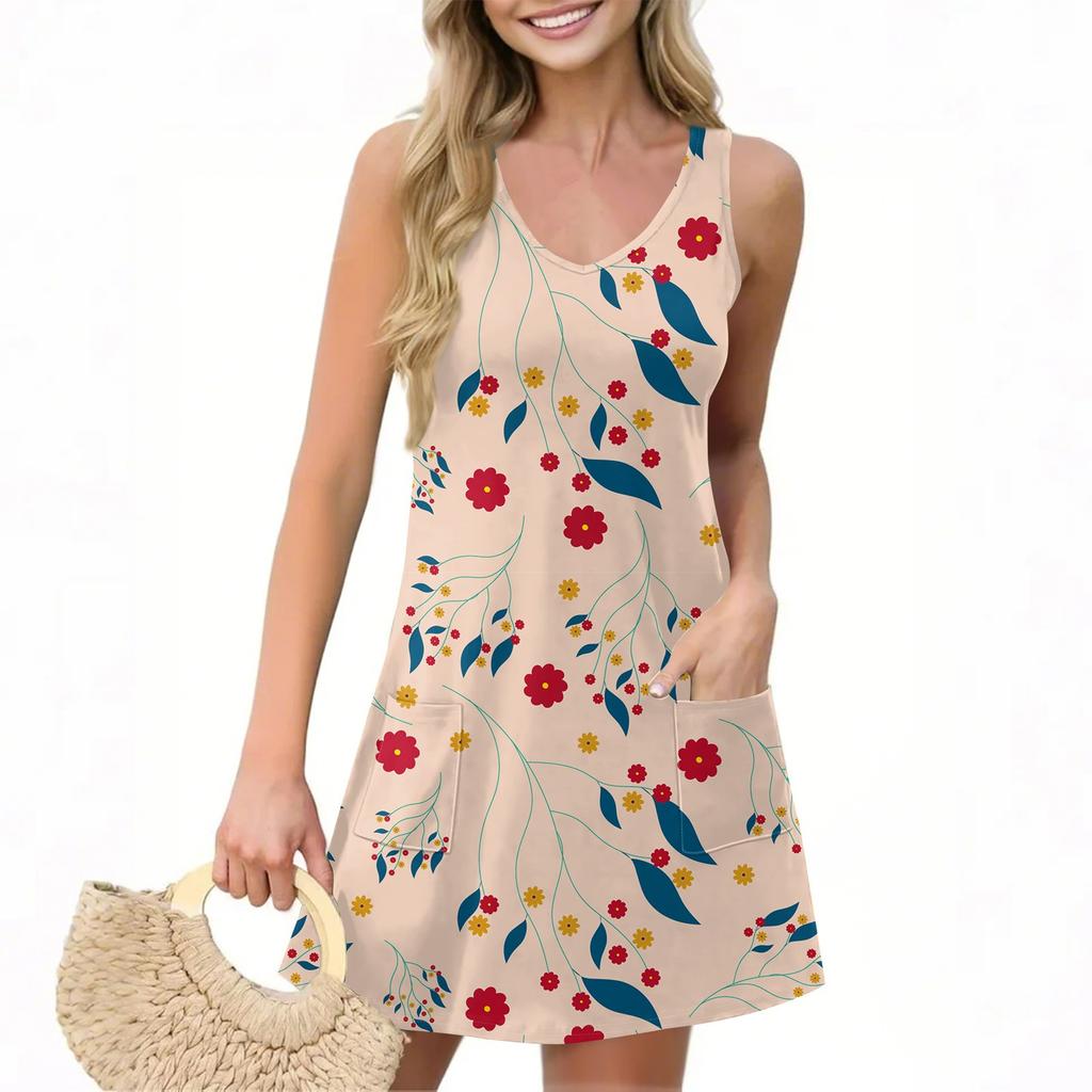 Женское повседневное летнее платье-жилет с карманами, цветочным принтом, V-образным вырезом, без рукавов