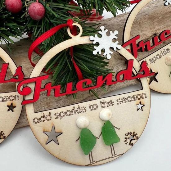 Christmas Friends Sea Glass Decoration Handmade Wooden Xmas Tree Friendship Seaglass Art Hanging Ornament Holiday Party Decor