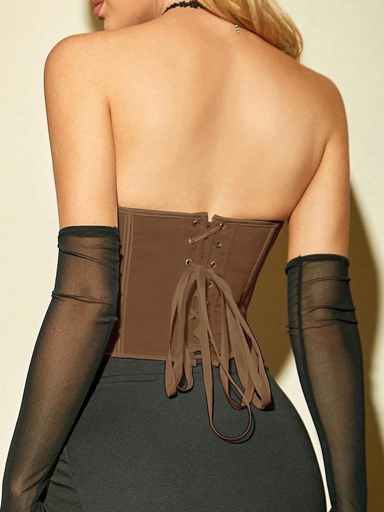 Rose Beauty A Elegant White Seam Decor Lace-Up Back Backless Hanky Hem Overbust Corset Shapewear Party Clubwear Crop Tube Top Valentine Outfit