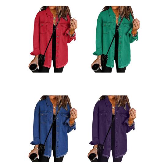 Women's Oversized Denim Jacket Button Up Distressed Jean Jacket Long Sleeve Frayed Hem Shacket Casual Fall Outfits