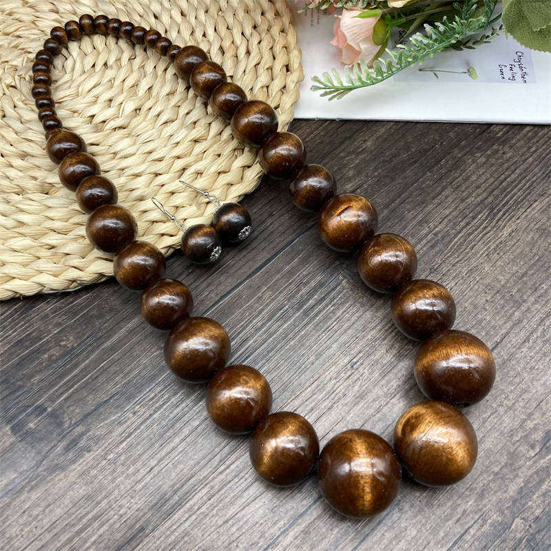 Exaggerate Suite Fashion Bohemian Style Wooden Bead Necklace Earrings Suite Vacation Style