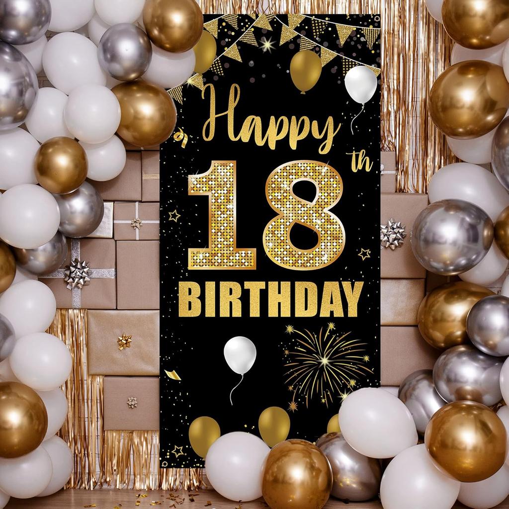 Баннер-растяжка на дверь на 18-летие, Декорации «С Днем Рождения 18 лет» для девочек и мальчиков, Черно-золотой, 18 лет, Фотобутафория для вечеринки, Садовый знак для
