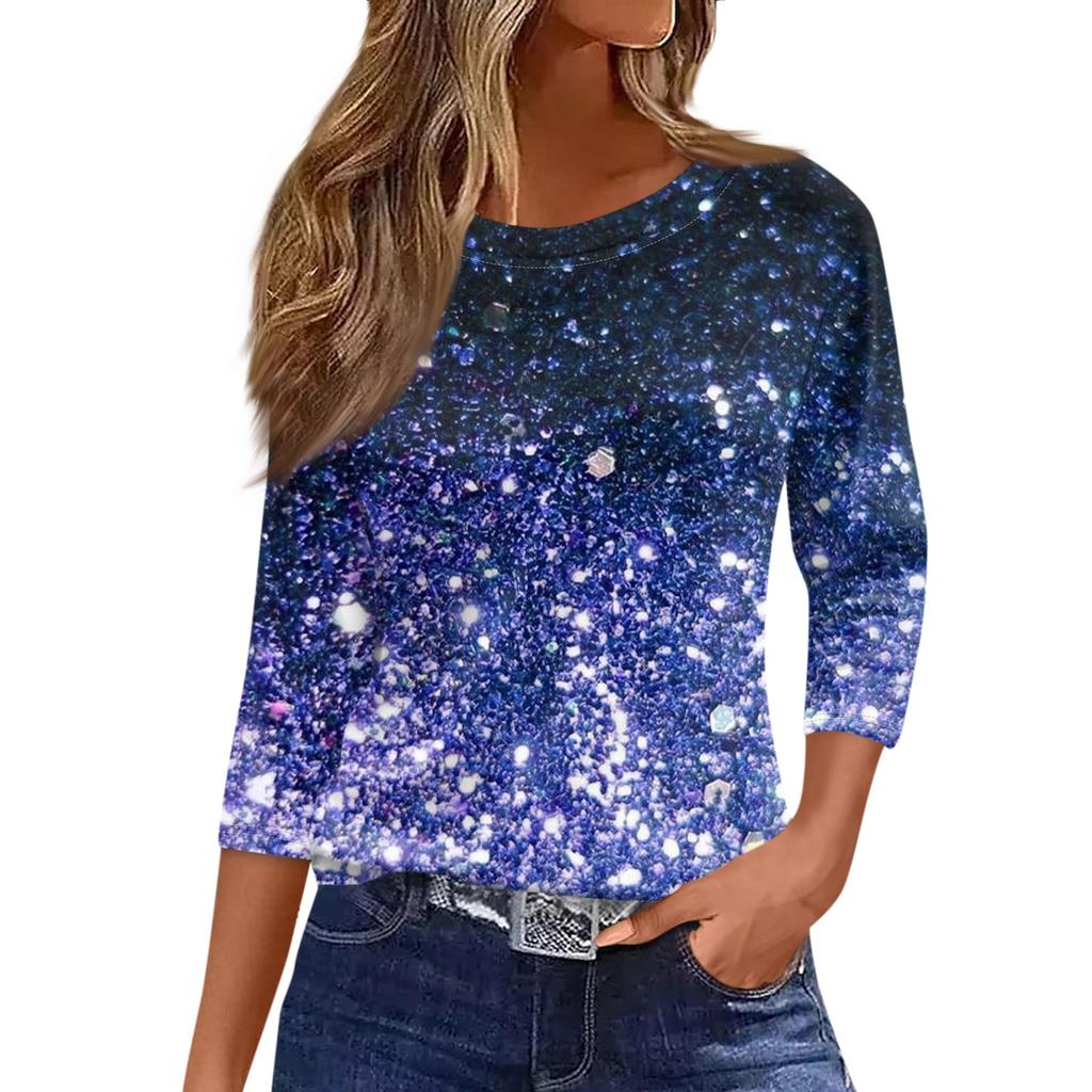 Traf 2025 Women'S Fashion Casual Round Neck 3/4 Sleeve Loose Printed T-Shirt Ladies Top Clothes For Women Shirt For Women