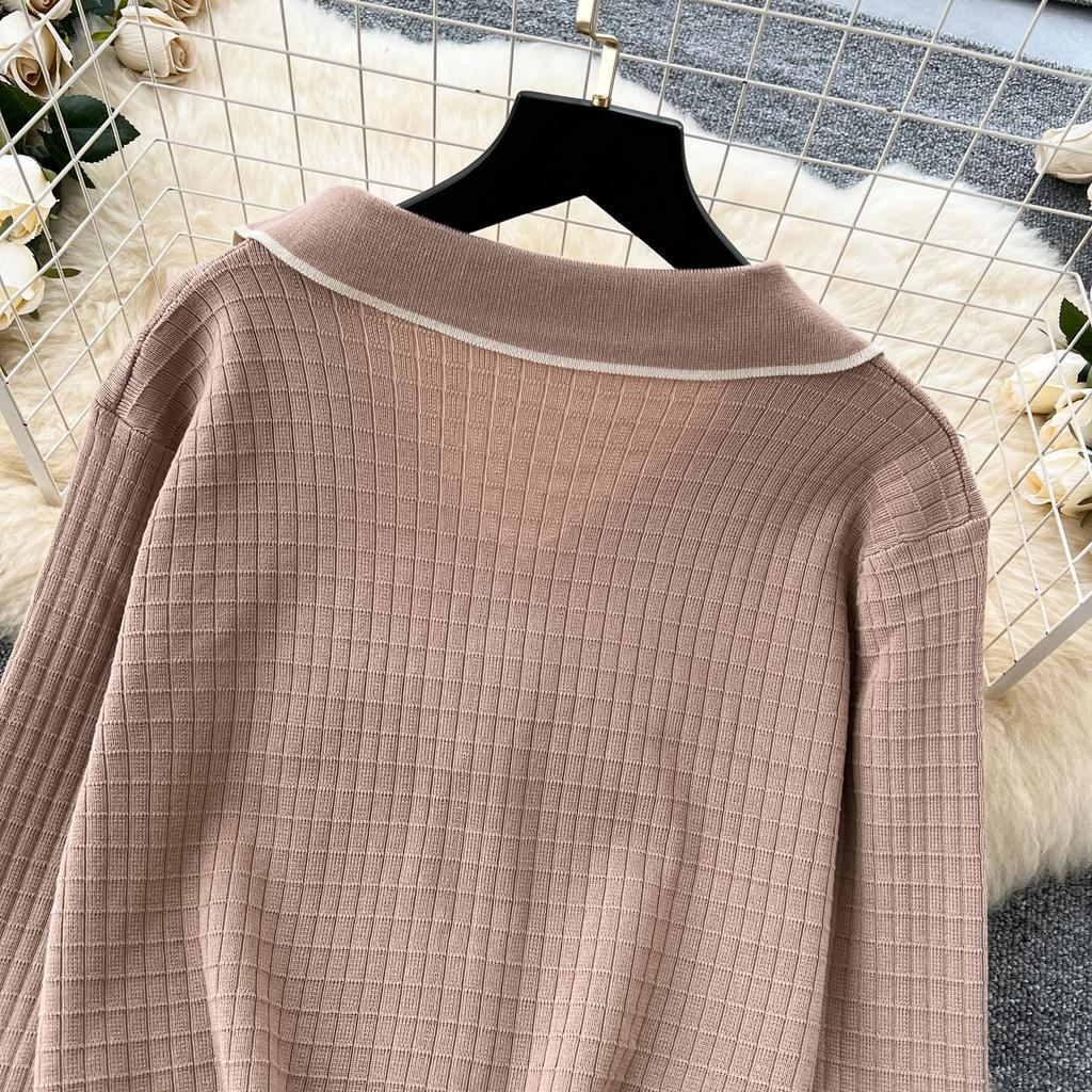 Simple Luxury Premium Solid Color Set Autumn/Winter Knitted Set Women's Polo Loose Shirt Coat+High Waist Skirt Two Piece Sets