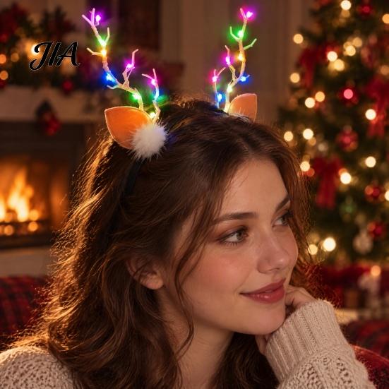 Lighted Xmas Party Supplies 1 Pair LED Christmas Antler Headwear for Women Girls, Glowing Elk Horn Hair Sparkling Winter Celebration Headpiece