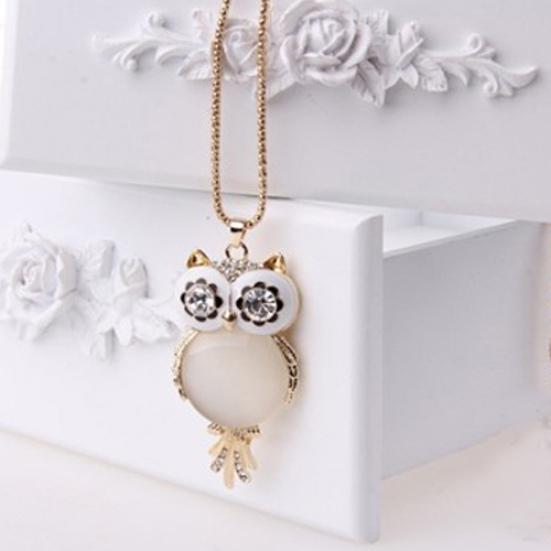 Женщины блестящие горный хрусталь милая сова длинная цепочка кулон свитер ожерелье ювелирные изделия