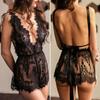 Sexy Backless Women Deep V Lingerie Dress Ladies Lace Nightwear Solid Black Perspective Sleepwear